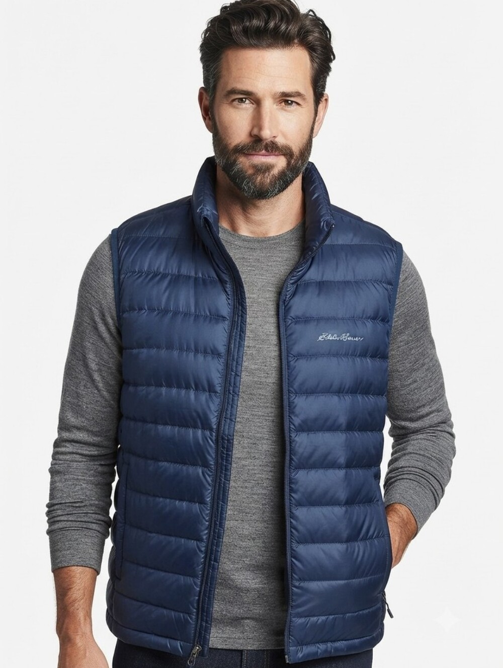 NEW Eddie Bauer Quilted Packable Down Vest Full Zipper Pockets Size M Navy Blue